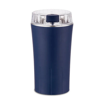 Mini flour mill and grinder in blue with adjustable particle size for chilli, pepper, and grain crushing