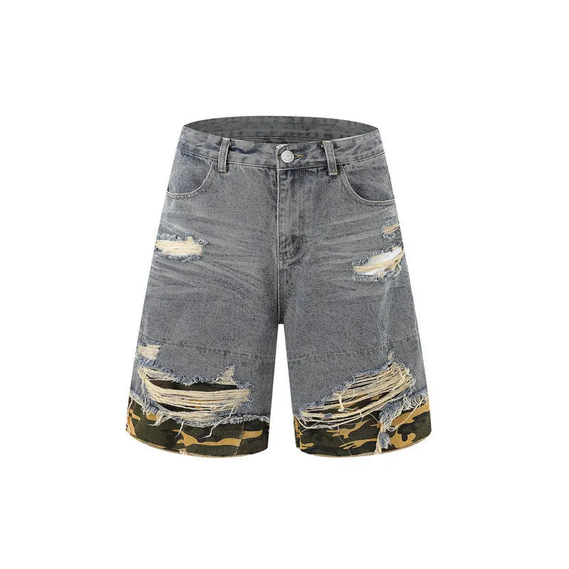 Men's black denim short sleeve suit with leopard print and cut edge stitching, paired with matching shorts.