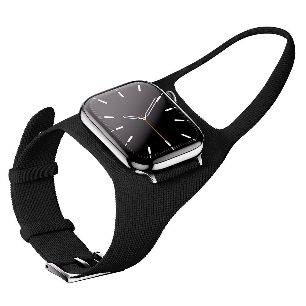 Nylon knitted rider wrist strap for Apple Watch in Army Green, Wine Red, Blue, or Black, sizes 38-42mm and 42-49mm