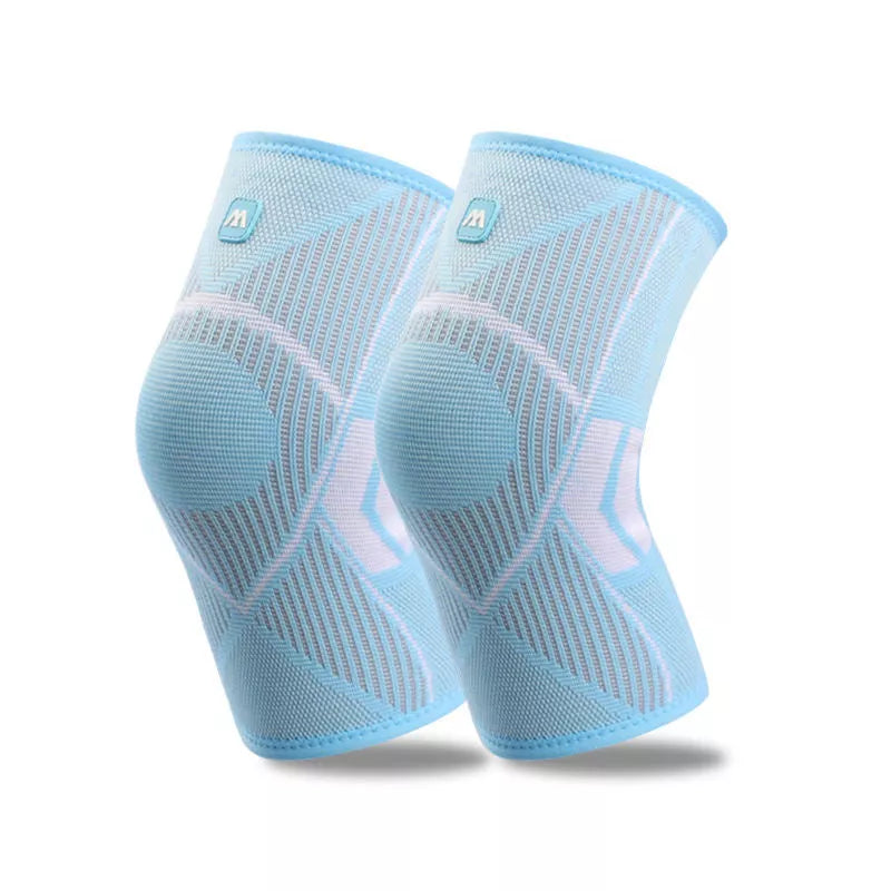 Non-slip knee compression sleeves in blue, pink, and black for pain relief and support