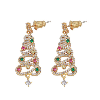 Colorful zircon Christmas tree tassel earrings for women, available in white K and gold.