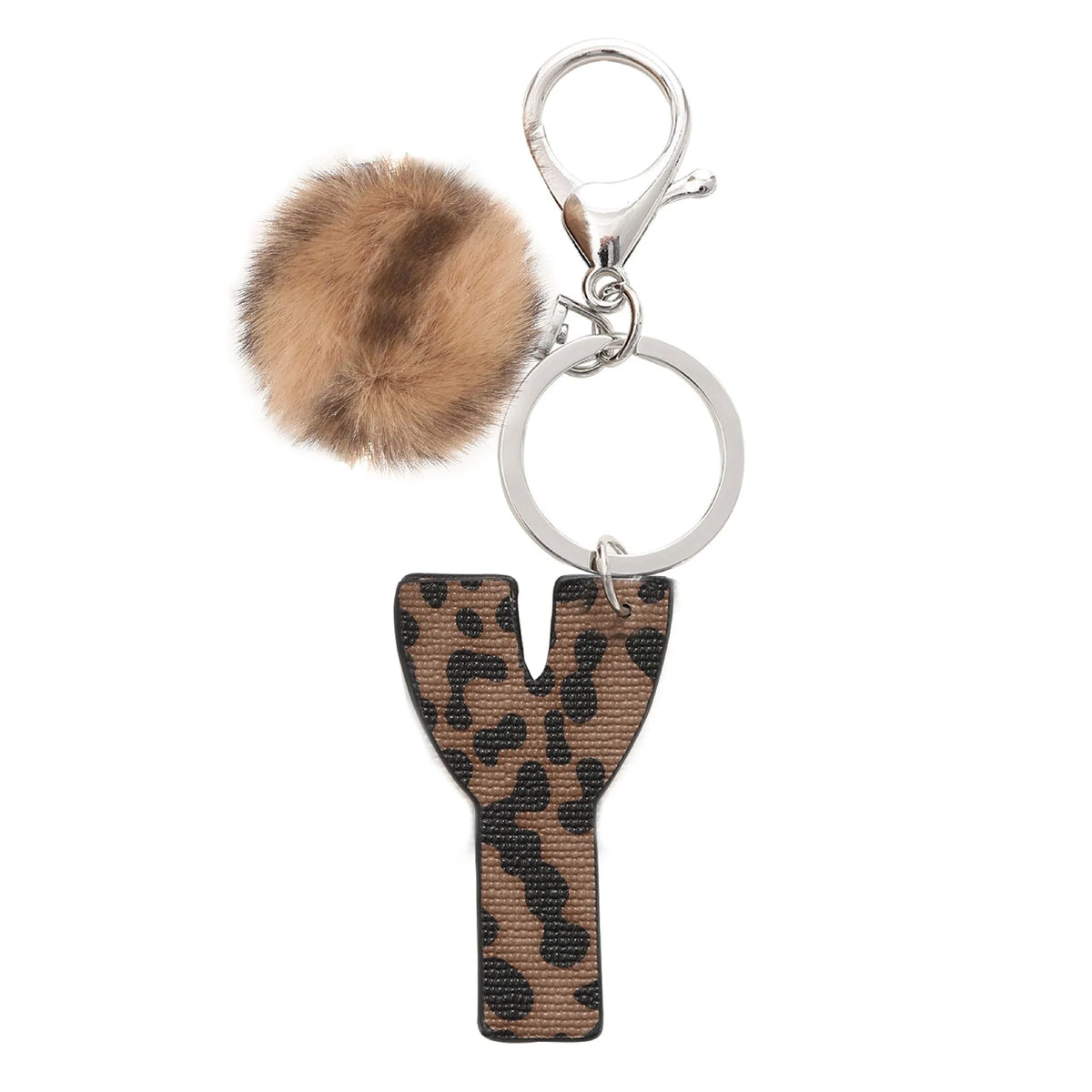 Leopard-print artificial leather keychain with oil-edged acrylic letter and included key ring, retro style