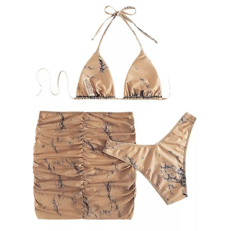 Split Bikini Three-piece Suit in white and brown, perfect for swimming and beach outings