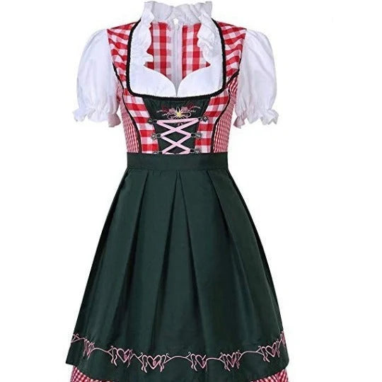 Authentic Oktoberfest dirndl dress with apron and ribbon in red denim, featuring traditional Bavarian-inspired design and comfortable polyester fabric