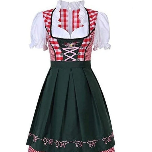 Authentic Oktoberfest dirndl dress with apron and ribbon in red denim, featuring traditional Bavarian-inspired design and comfortable polyester fabric