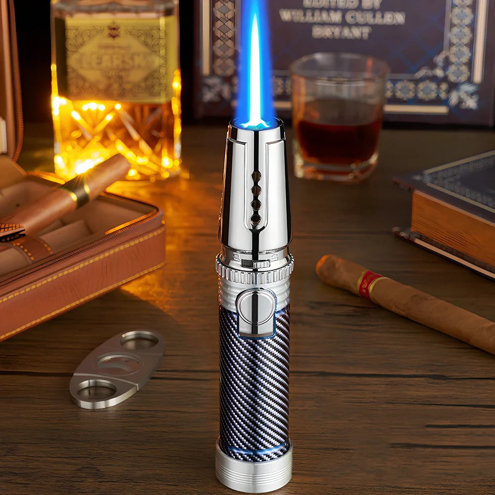 Windproof electronic cigar lighter with blue flame and zinc alloy construction