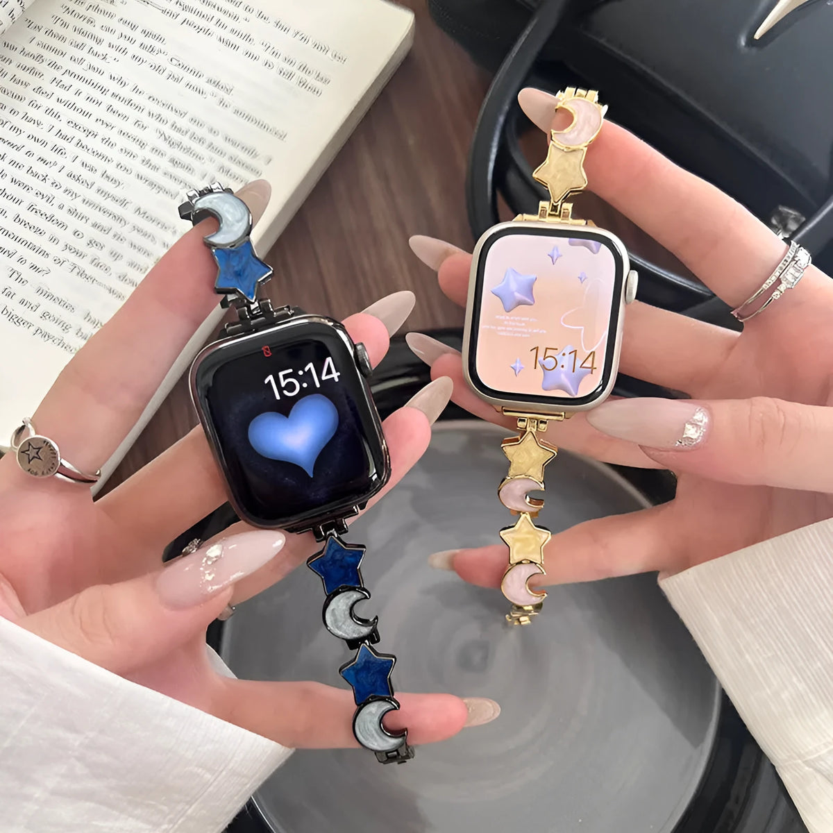 Metal chain Apple Watch strap with snap button, shown in star and moon colour options and two size ranges