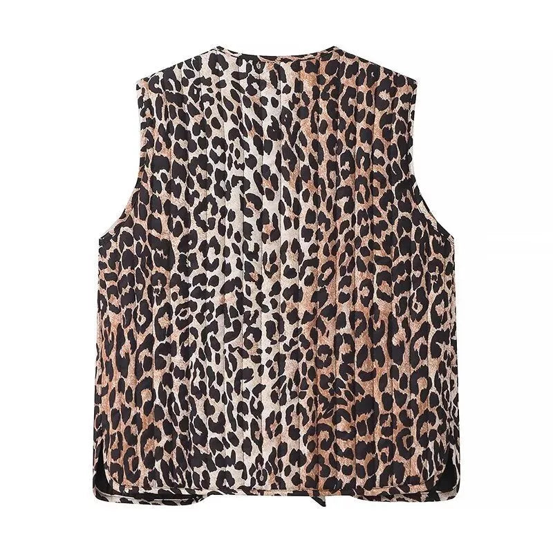 Women's leopard print quilted vest with tie-front design