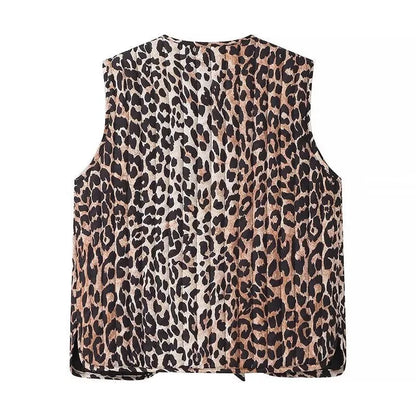 Women's leopard print quilted vest with tie-front design