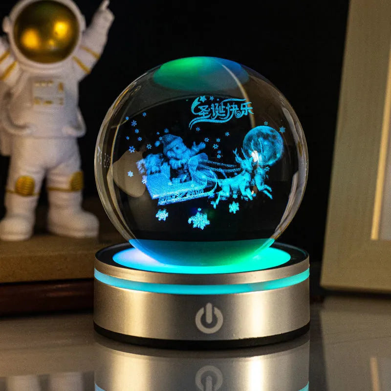3D inner carving luminous crystal ball night lamp with 8cm white crystal and round touch USB base