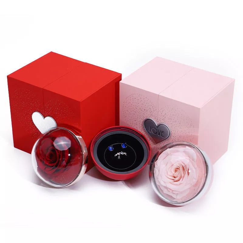 Eternal Rose Soap Flower Jewelry Box in pink and red with jewelry storage compartment