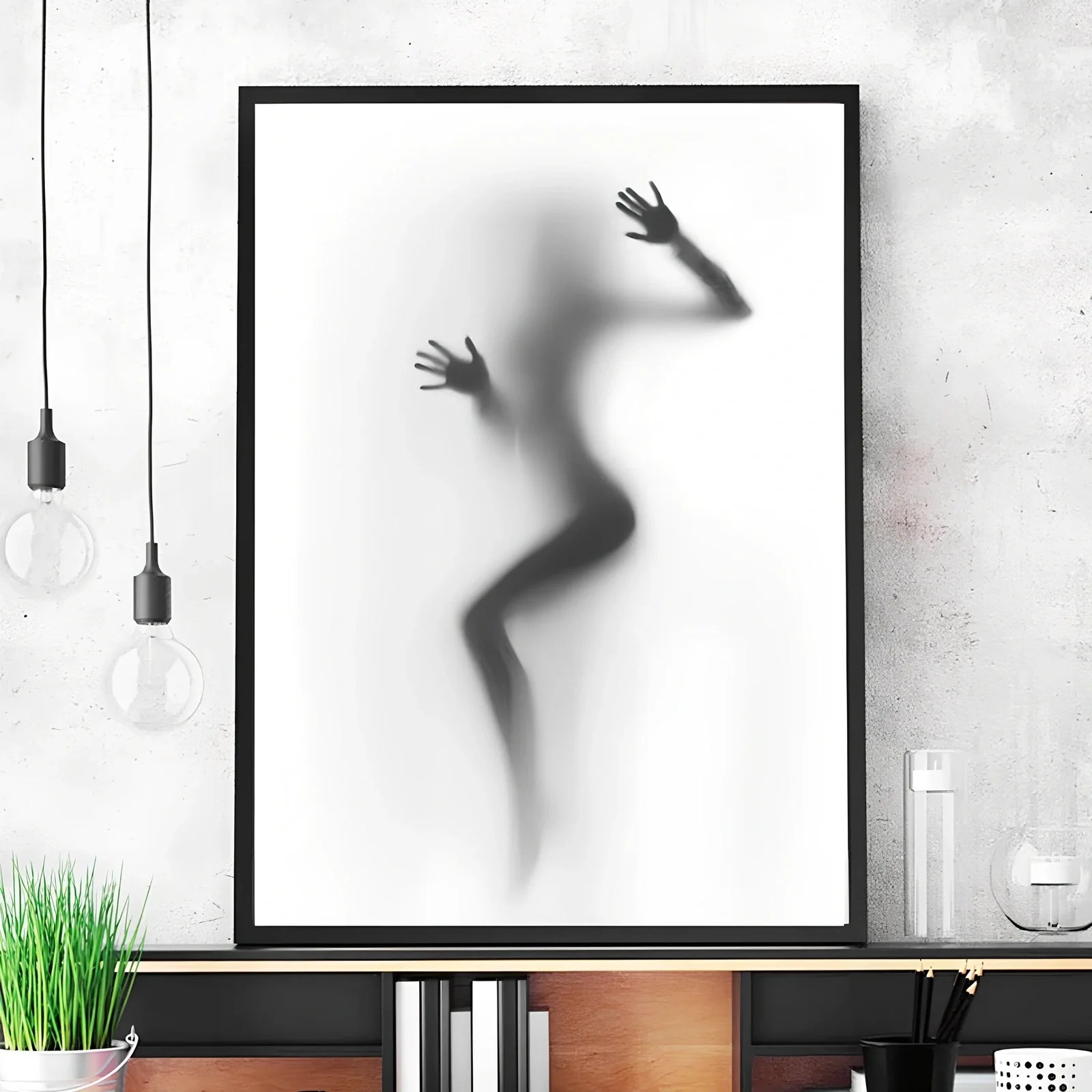 Black and white abstract canvas wall art with frameless rectangular design showing textured oil canvas surface