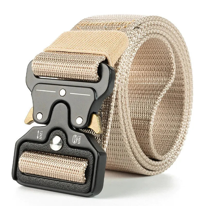 Men's thick canvas tactical belt with an alloy release buckle, shown in Army Green colour.