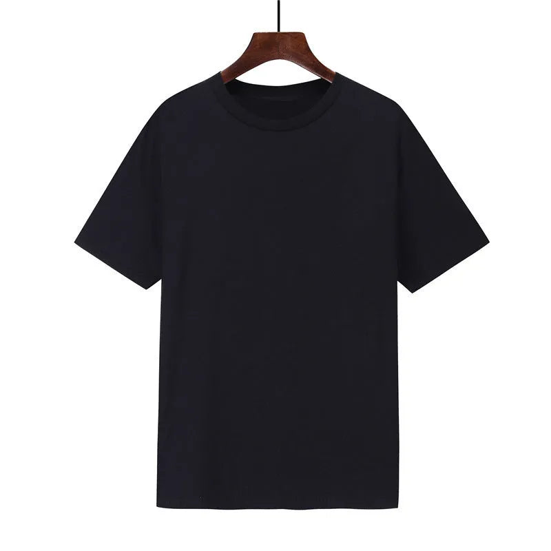 Men's loose fit black cotton short sleeve T-shirt with a printed design, shown on a hanger.