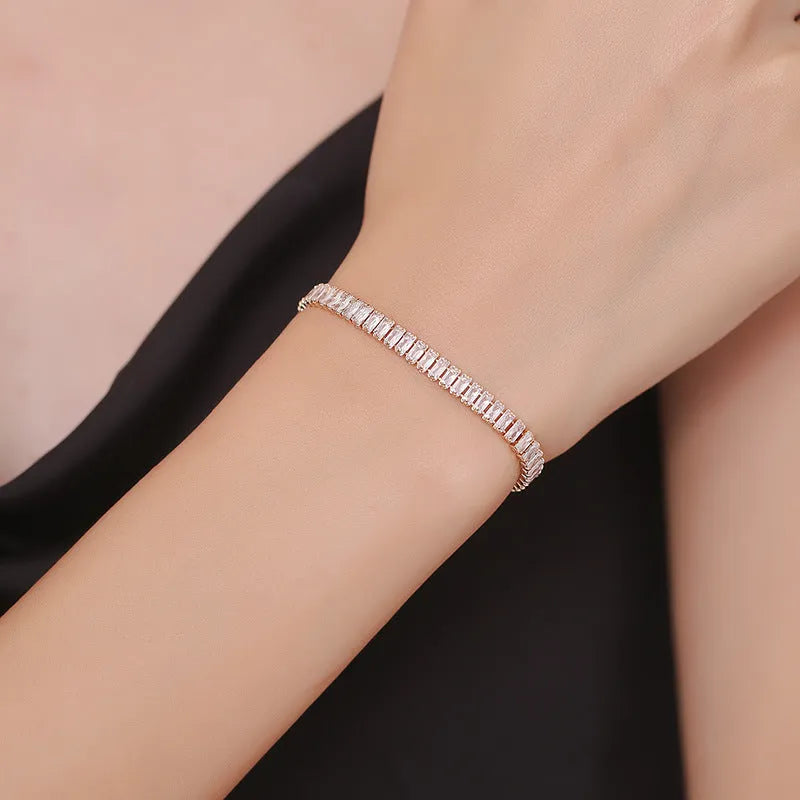 Rectangular geometric brass bracelet with inlaid zircon stones in champagne gold or silver colour