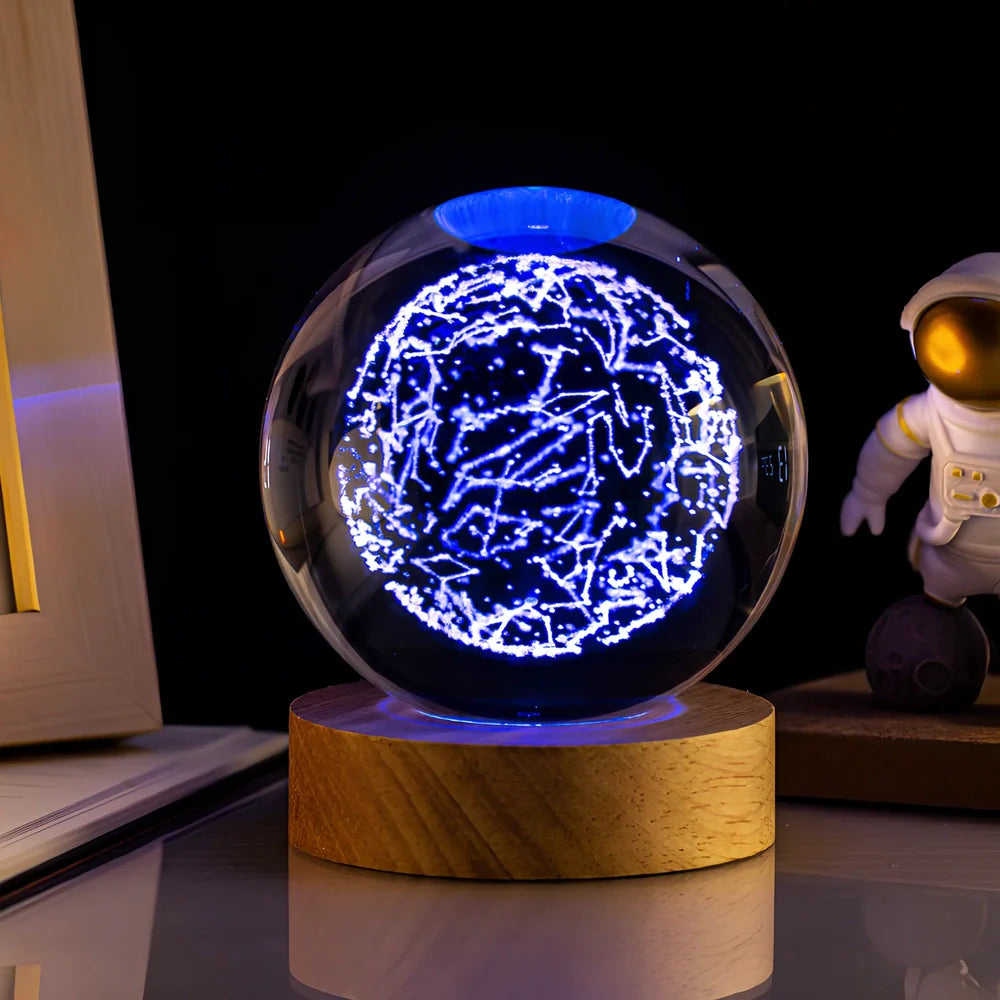 6cm crystal ball night light with Milky Way design on colourful base, USB cable connected