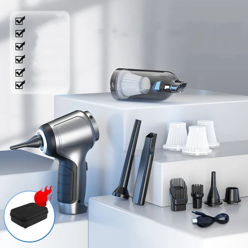 Brushless handheld and vertical car vacuum cleaner with 12000Pa suction, shown with optional EVA storage bag.