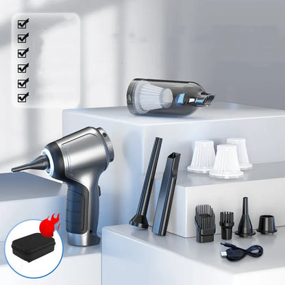 Brushless handheld and vertical car vacuum cleaner with 12000Pa suction, shown with optional EVA storage bag.
