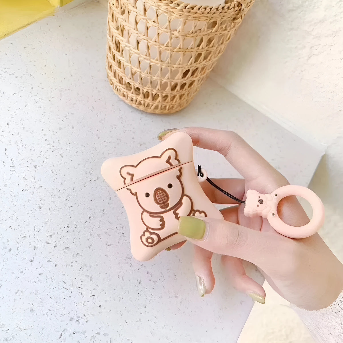 Silicone AirPods cover with cartoon animal pendant and ring chain in five colour options