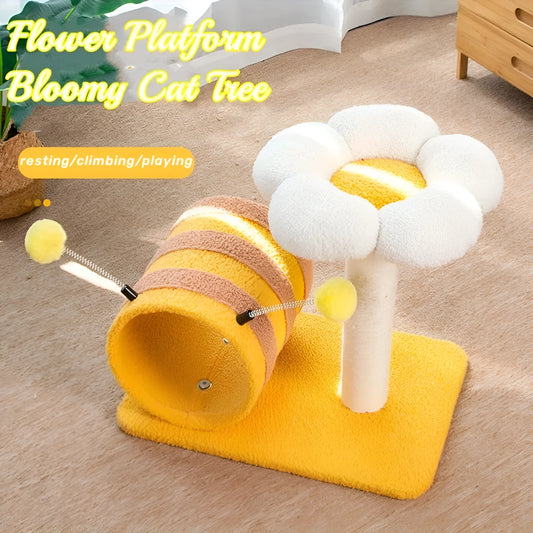 Yellow bee-themed cat climbing frame with sisal scratching board and integrated tunnel.