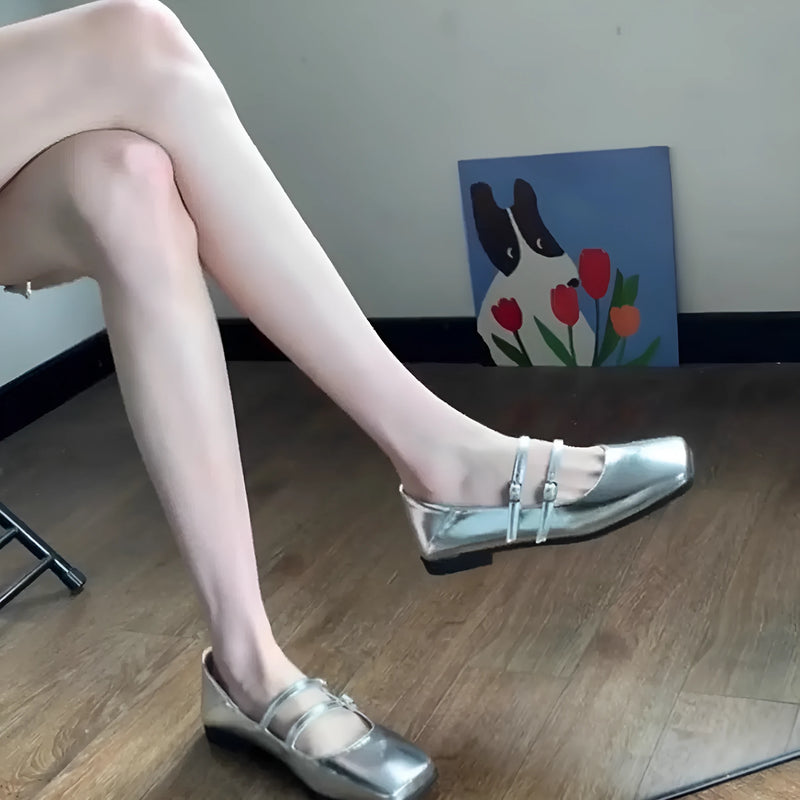 Genuine Leather Cross Buckle Strap Shallow Mouth Flat Bottom Pumps: Silver Ballet Slipper Mary Jane Shoes with a low heel under 3cm, available in sizes 35-43 for women's summer, spring, and autumn wear.