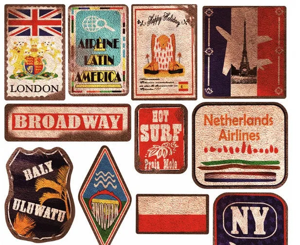 36 large retro beach and surfing themed stickers with matte finish, sizes range from 6cm to 10cm.