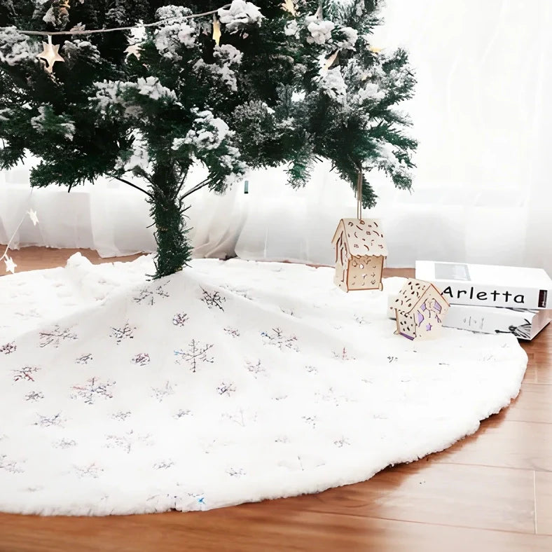Christmas tree skirt with sequin embroidery and imitation rabbit fur trim in silver, gold, or colourful options
