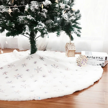 Christmas tree skirt with sequin embroidery and imitation rabbit fur trim in silver, gold, or colourful options
