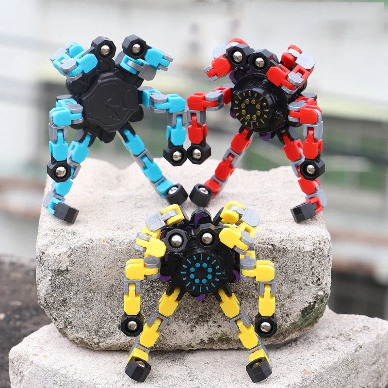 Transformable fidget spinner chain toy in various colors, including blue, red, and yellow, with a suction cup for hands-free spinning