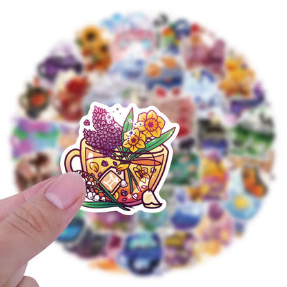 Pack of 50 colourful tea cup graffiti waterproof stickers for DIY luggage and scooter decoration