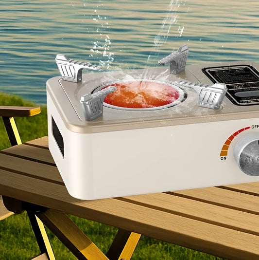 White stainless steel portable infrared gas stove for outdoor camping use.