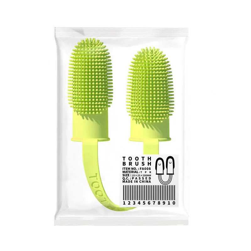 Pet tooth cleaning finger set showing double finger toothbrush covers in pink, blue green, and grass yellow colours.