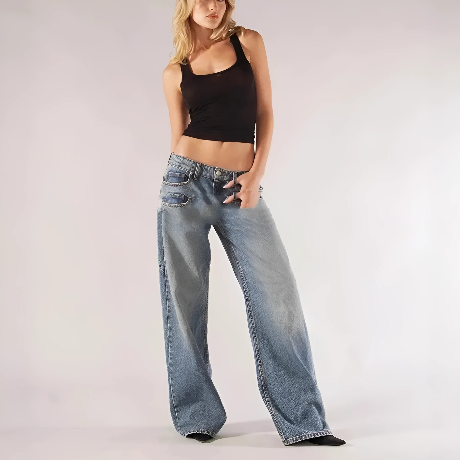 Women's blue cotton loose straight wide leg mop trousers with low waist