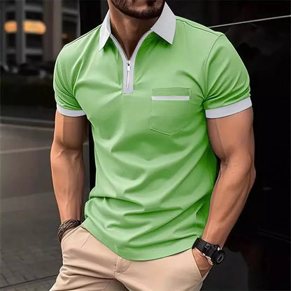 Men's short sleeve casual shirt with chest pocket zipper decoration in multiple colour combinations