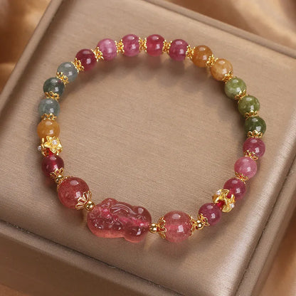Candy colour tourmaline strawberry quartz pi xiu bracelet with 17cm purity and electroplated finish