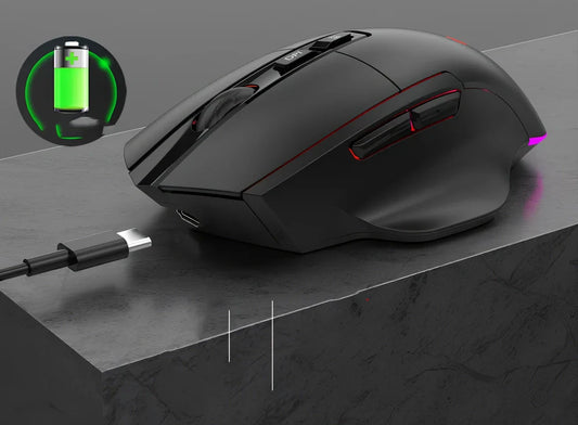 Black rechargeable wireless RGB gaming mouse with 1600DPI optical sensor and charging cable