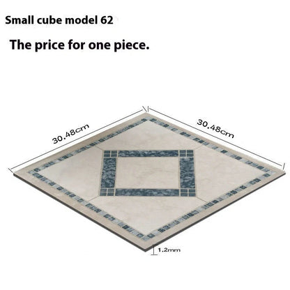 Self-adhesive vinyl flooring tile showing 30cm x 30cm dimensions with peel-and-stick backing visible