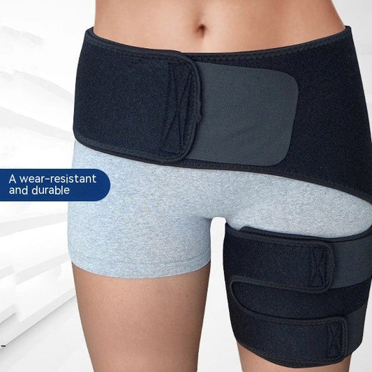 Inguinal hip support strap with rubber construction and adjustable fastening