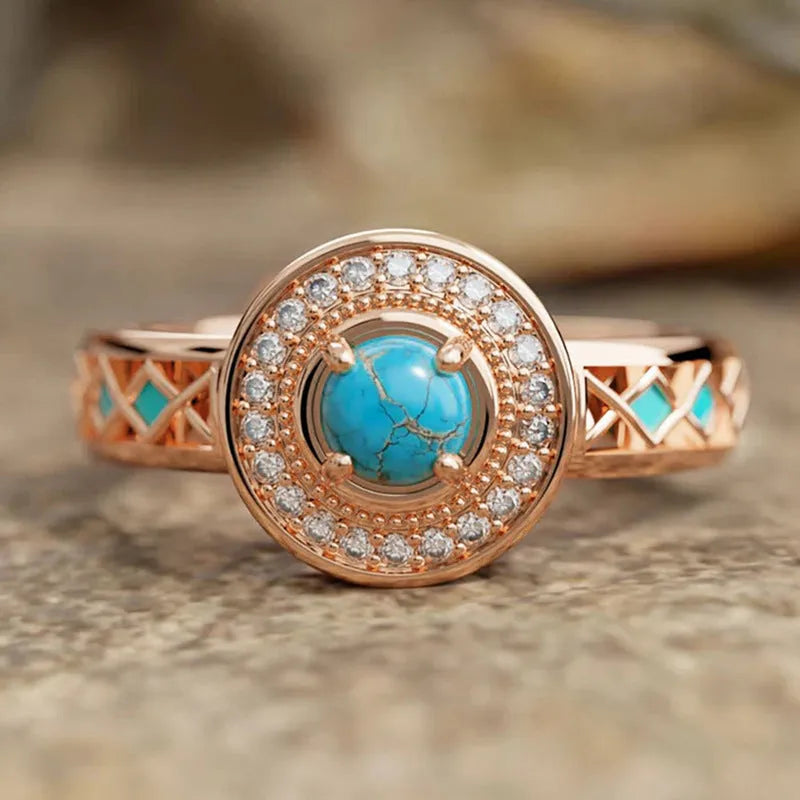 Rose gold turquoise ethnic style ring with geometric design and inlaid zircon detailing