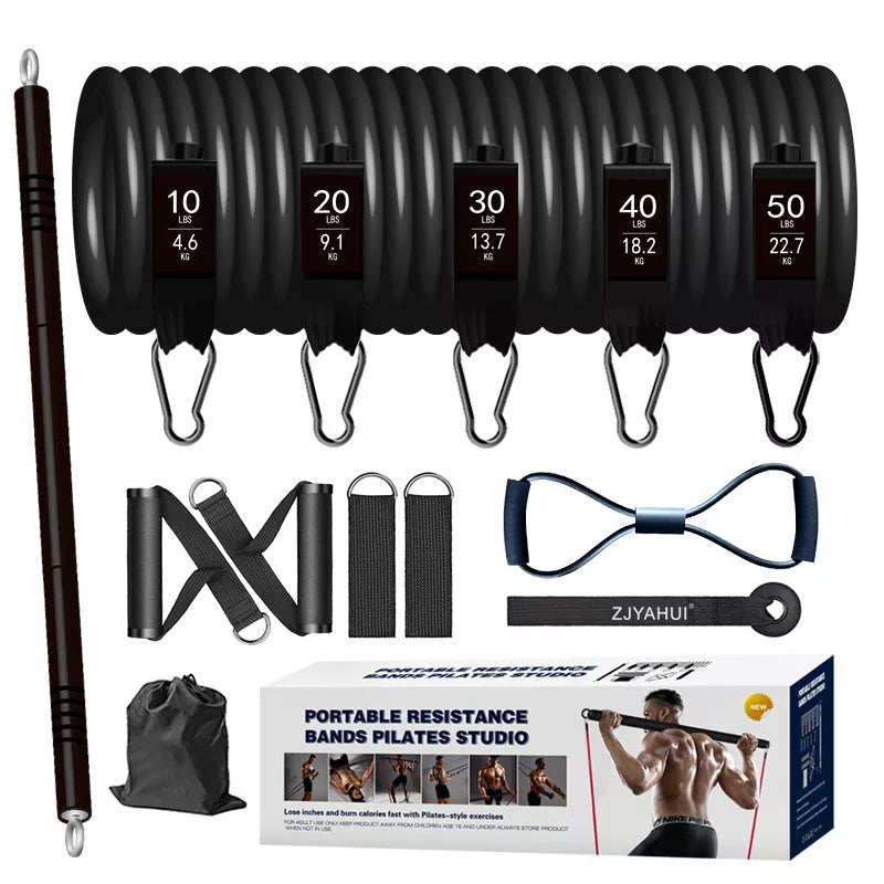 150-pound TPE fitness resistance band set with foam handles, foot rings, and tension ropes