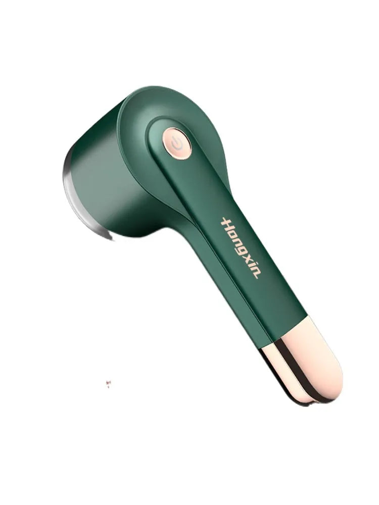USB rechargeable hair ball trimmer in black, green, red, or white on a fabric background.