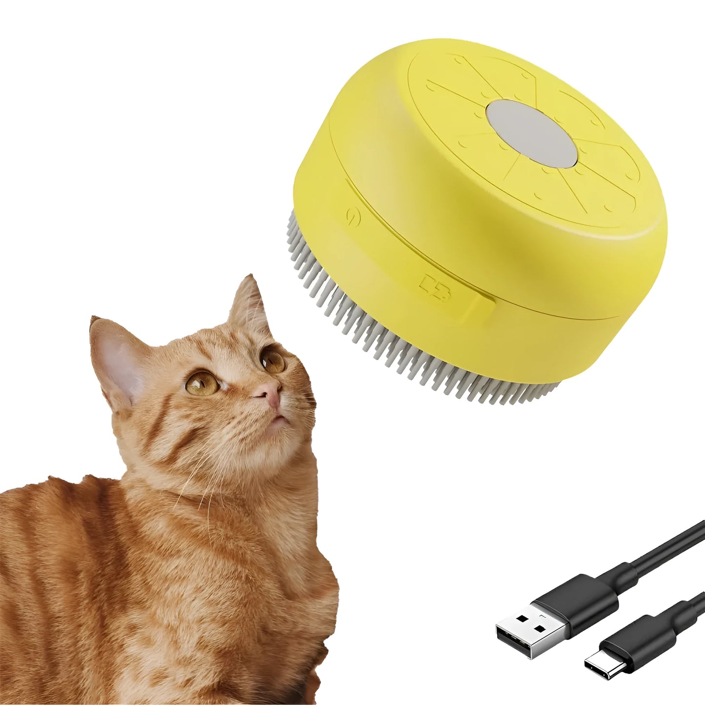 Green and yellow cat steam brush with silicone bristles for grooming pets, measuring 85x85x52mm