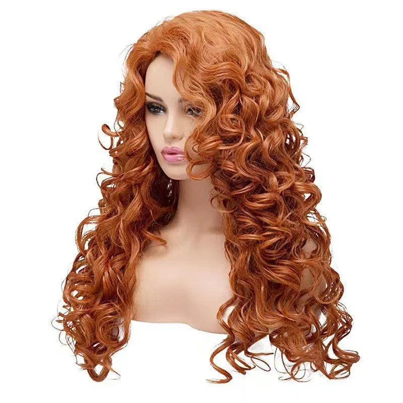 Long curly brown synthetic wig with a fluffy texture on a wig head.