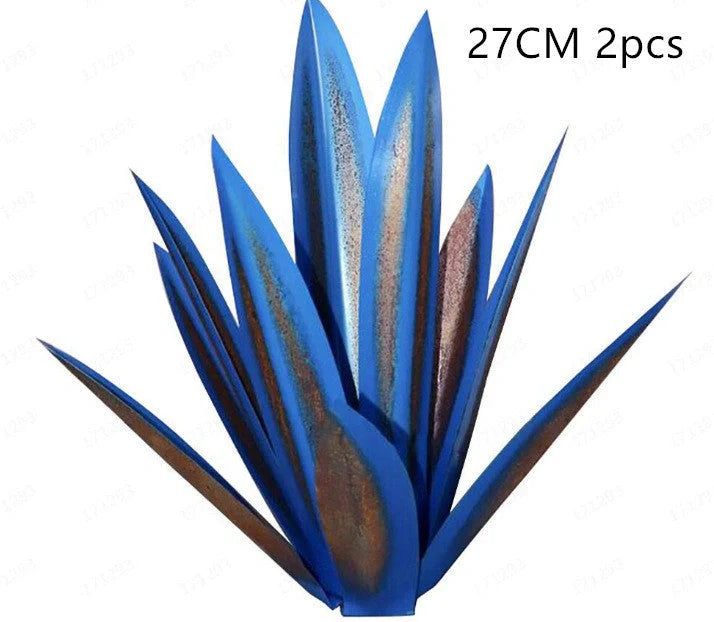 Handmade rustic tequila agave metal sculpture with blue highlights for garden or home decor