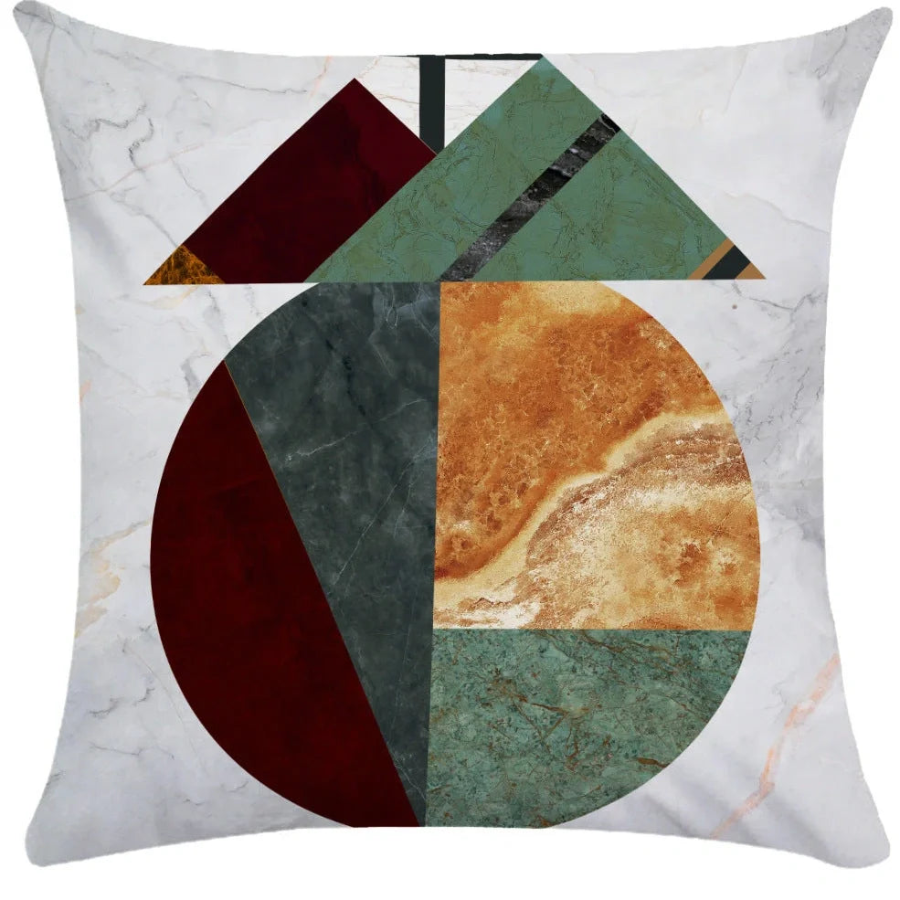 Geometric pattern throw pillow on office sofa showing 45x45cm size with plush fabric texture