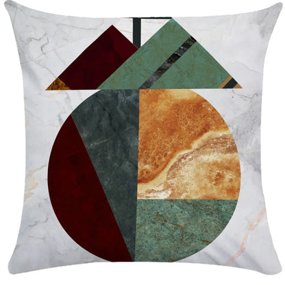 Geometric pattern throw pillow on office sofa showing 45x45cm size with plush fabric texture