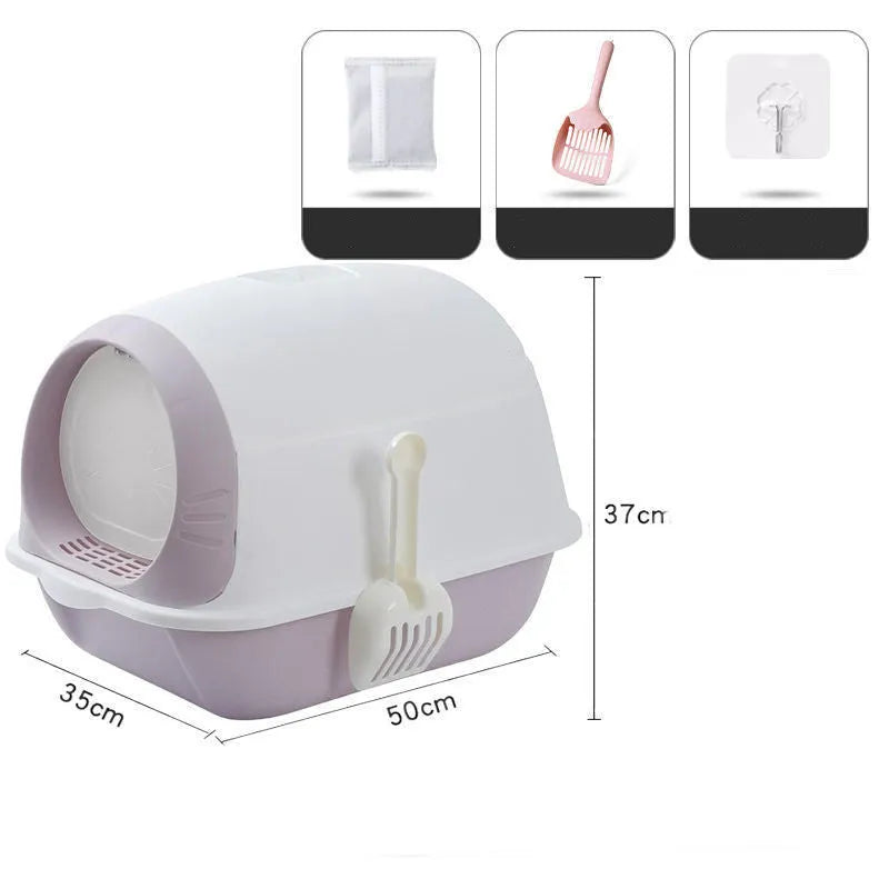 Semi-enclosed cat litter tray with flip cover, plastic and PP body, grey purple colour, scoop and deodorant bag included.