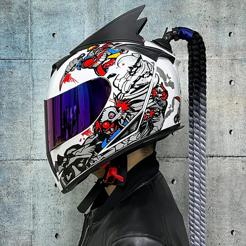 Dirty Braids motorcycle helmet with graphic design, ABS full-face construction for electric vehicles and motorcycles