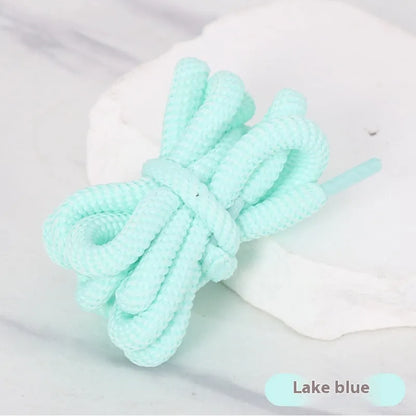 Round braided cotton shoelaces in multiple colours showing width and length options on a white background.