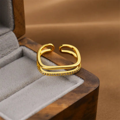 Korean fashion women's adjustable open ring with geometric design and electroplated gold finish on copper band